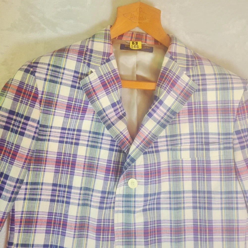 Vintage Brooks Brothers Multicolor Plaid Madras Cotton Sack Blazer 43L